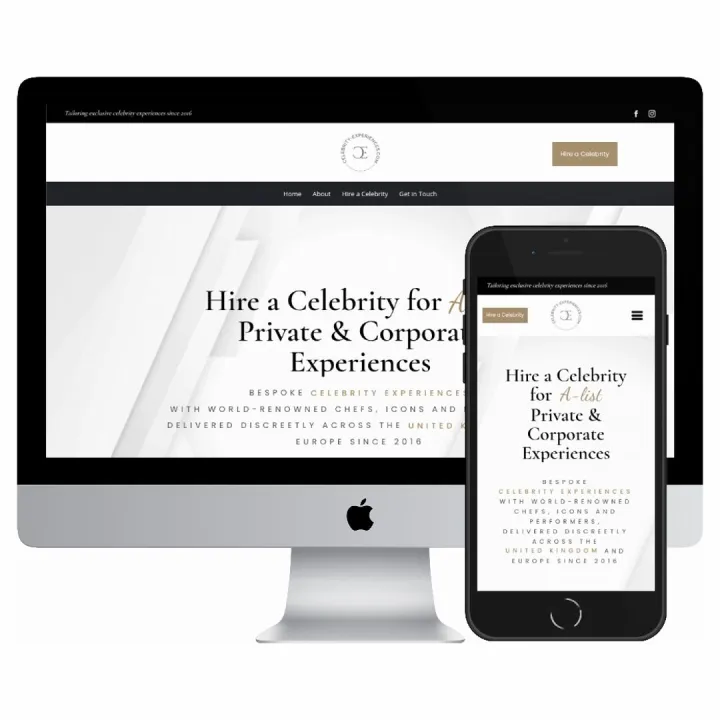 Desktop and mobile screenshots of the Celebrity Experiences website