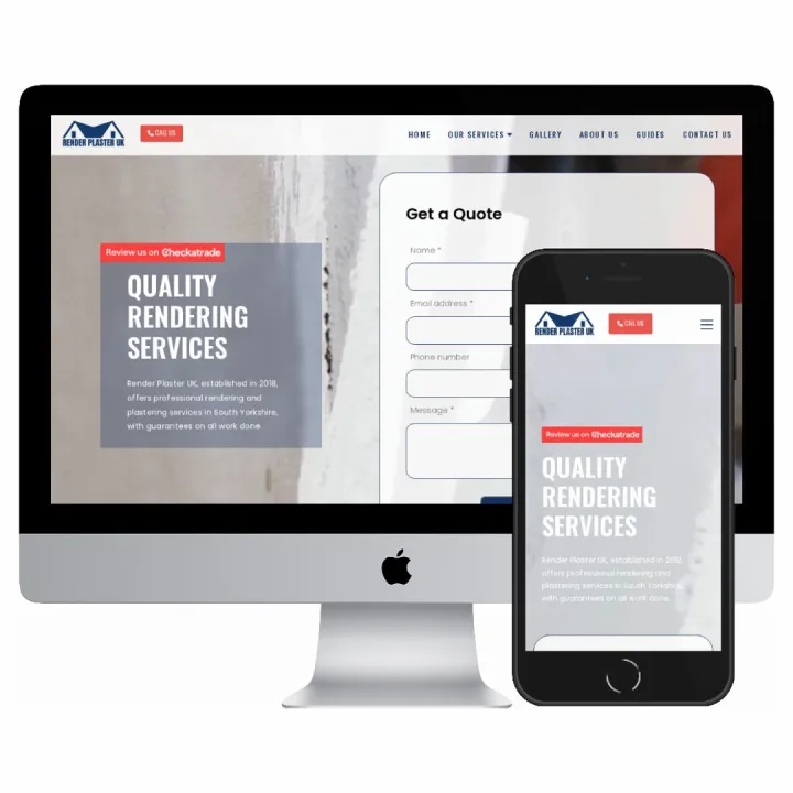 Desktop and mobile screenshots of the Render Plaster UK website