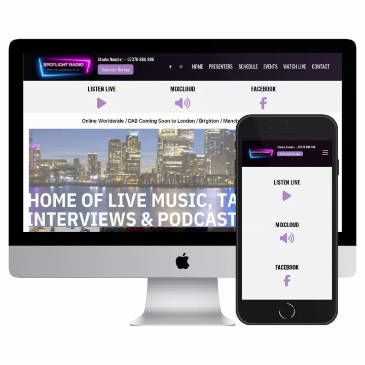 Desktop and mobile screenshots of the Spotlight Radio website