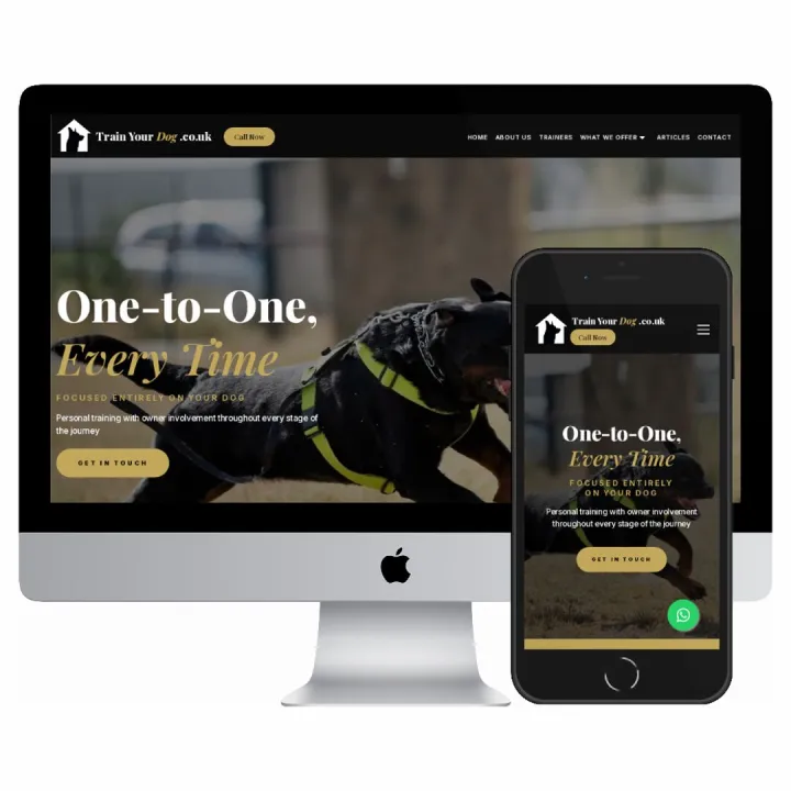 Desktop and mobile screenshots of the Train Your Dog website