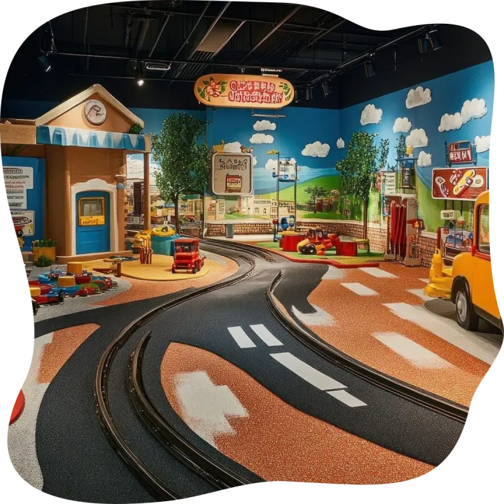 Indoor Play Area with Toy Cars and Buildings
