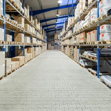 Warehouse with boxes stacked on the shelves
