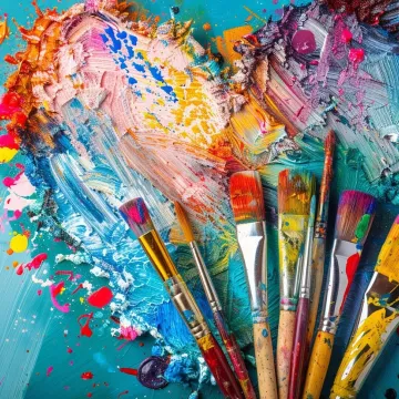 Art teacher inspiring creativity with paintbrushes palettes 