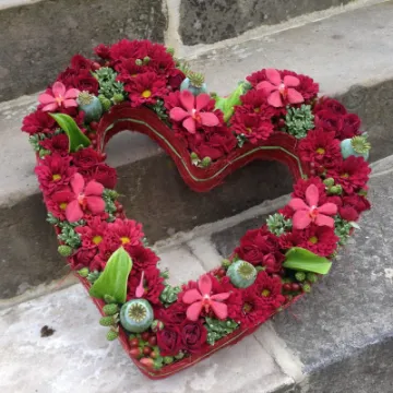 funeral flowers, heart, wreath, red flowers