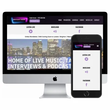 Desktop and mobile screenshots of the Spotlight Radio website