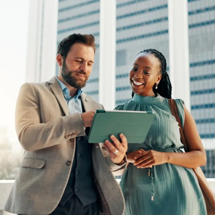 Tablet rooftop and business people in conversation for plann