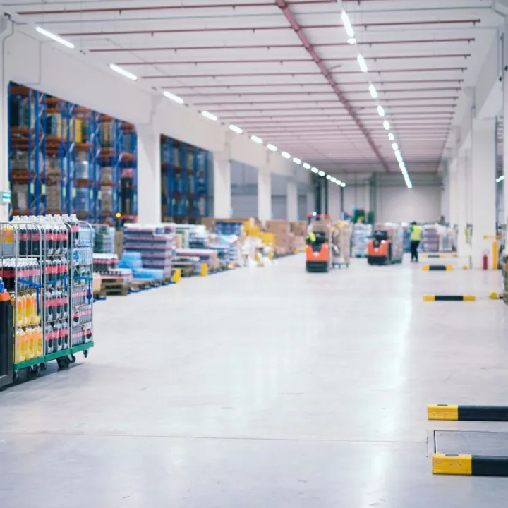 Warehouse industrial building interior with people and forkl