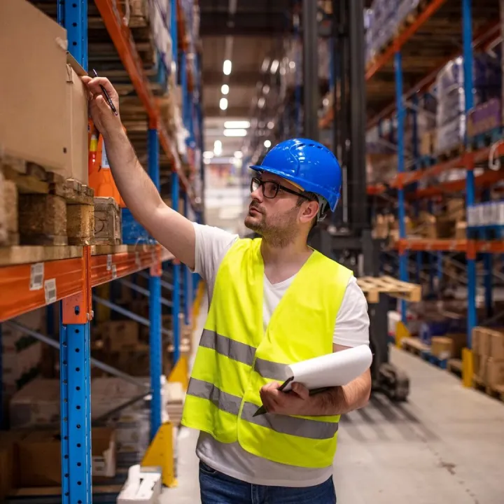 Professional warehouse worker in protective work wear holdin