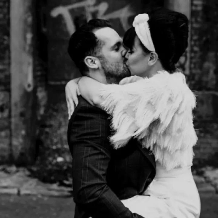 Romantic couple city wedding Fortuny headband Sq