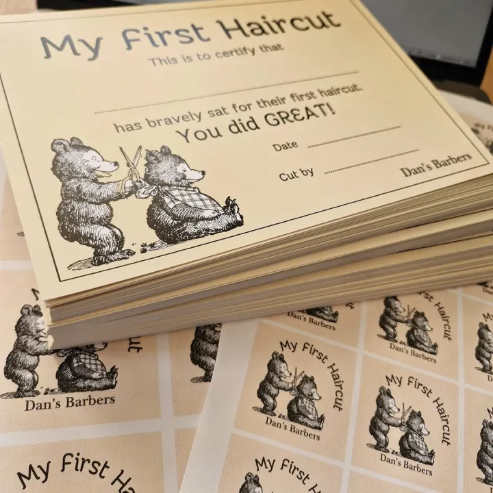 Dans Barbers First Haircit Cirtificates and Sticke