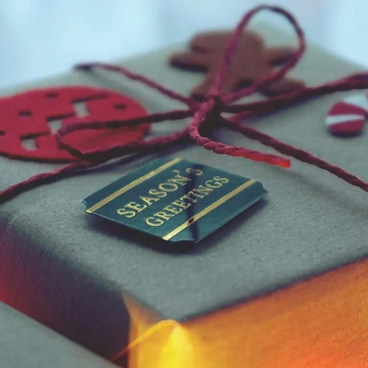Close-up of a decorated Christmas gift box with