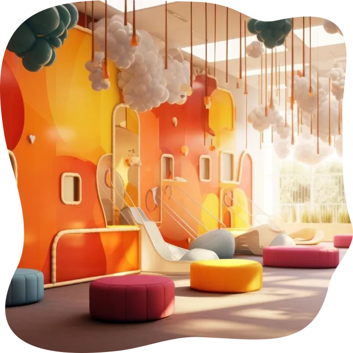 The indoor play area is busy with children enjoying the slid