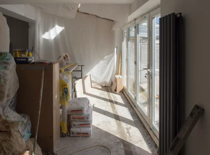 A construction area featuring renovation work in p