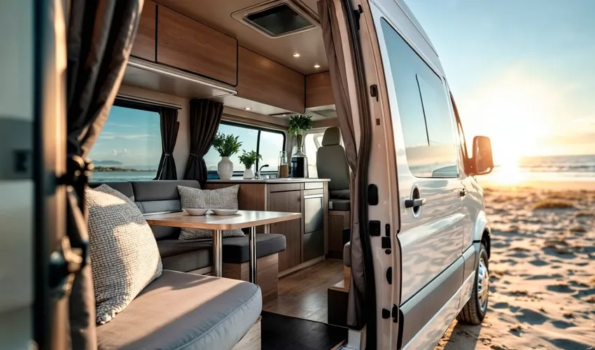 Cozy van interior prepared for camping