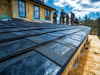 Craftsmen working diligently to install new roofing on a hou