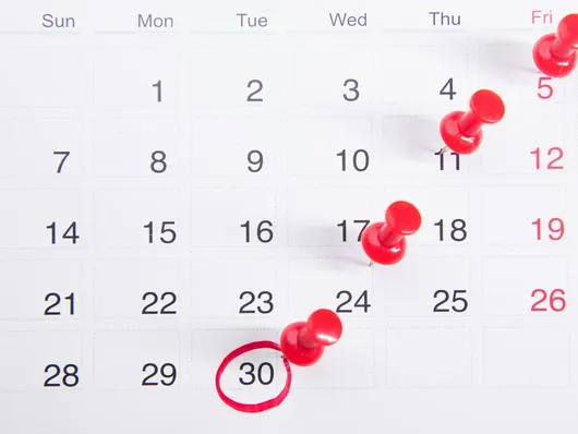Close-up of a calendar with red push pins marking