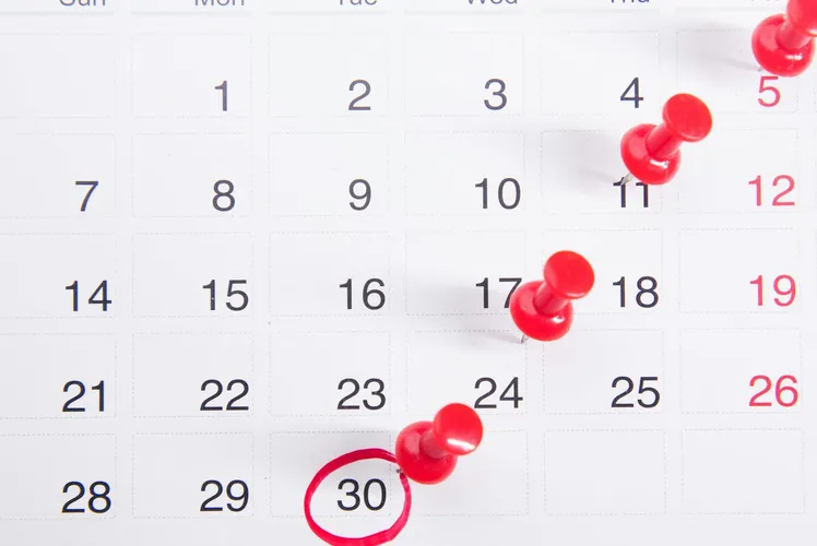 Close-up of a calendar with red push pins marking