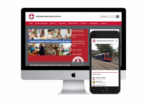 Desktop and mobile screenshots of the Sheffield Methodist District website