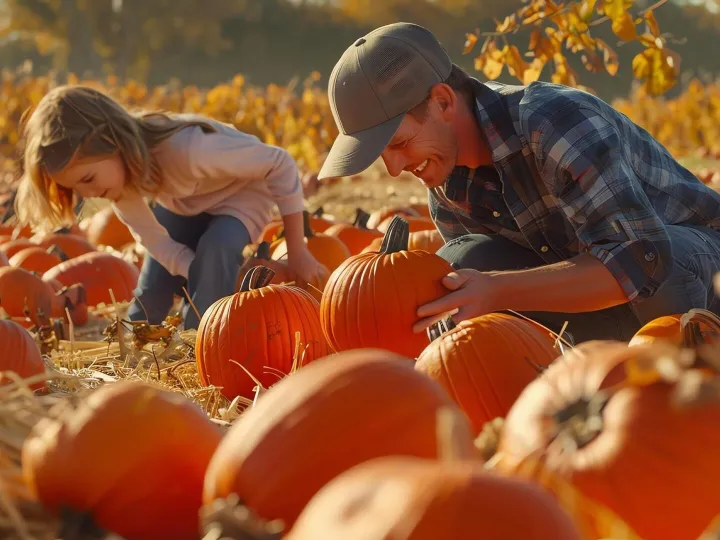 A father and daughter are picking pumpkins in a pumpkin patc