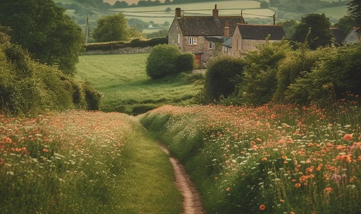 Tranquil meadow rustic fence wildflowers in bloom generated