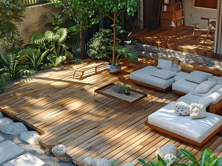 Timber decking with built-in cushioned seating and a low coffee table