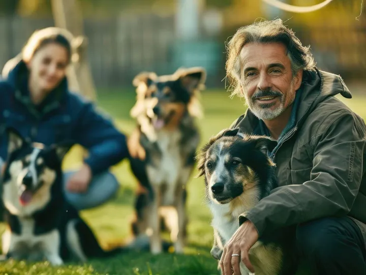 The focus picture of professional dog trainer with dog in ou
