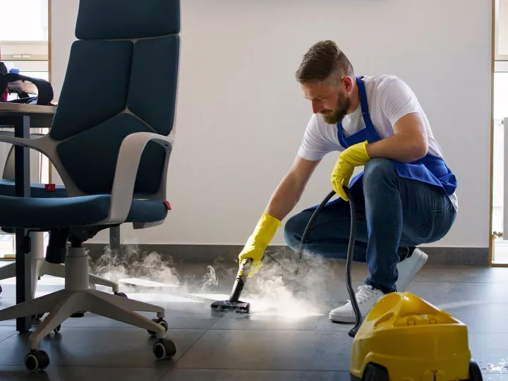 Cleaner steam-cleaning a tiled floor beside an office chair