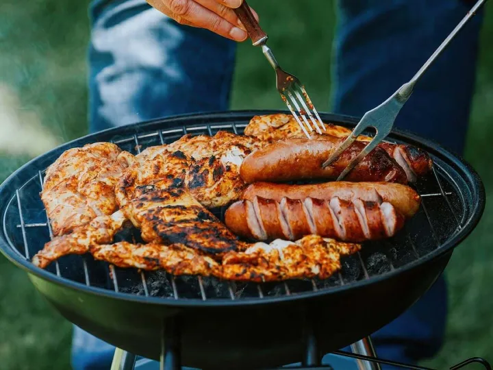 Grilling, sausage, meat, fork, chicken, charcoal
