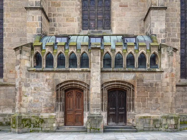 Historic church facade with Gothic architectural