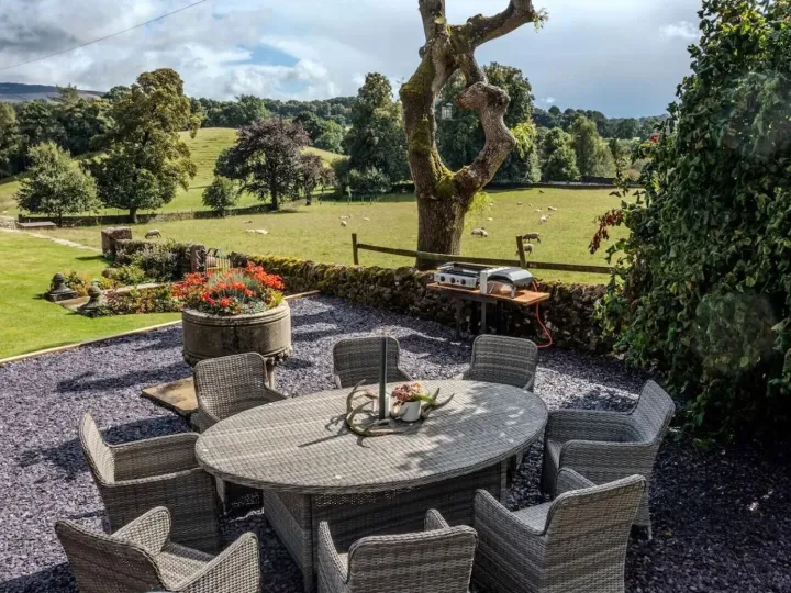 The patio dining area overlooking the farm’s fields