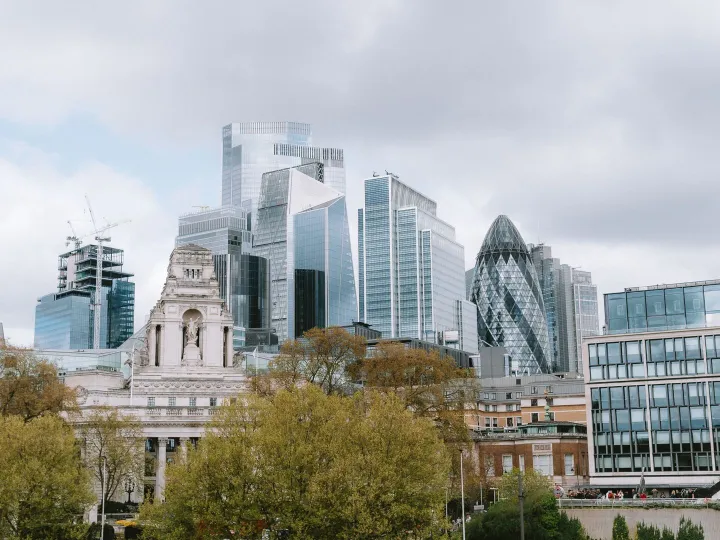 London skyline with the Gherkin and modern office towers behind period buildings