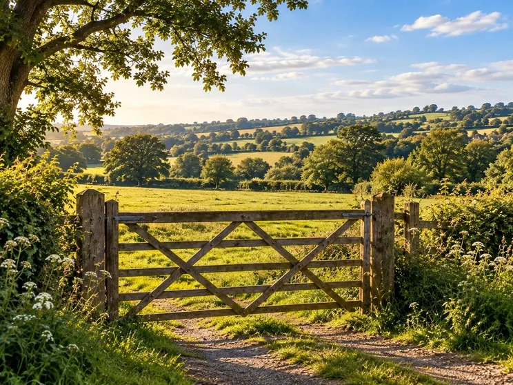 Wooden field gate looking across the Cheshire countryside at golden hour