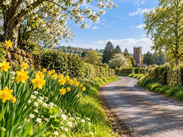 Daffodils along a village lane in spring