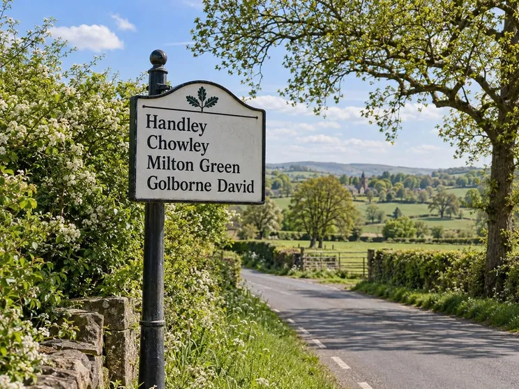 Signpost pointing to Handley, Chowley, Milton Green and Golborne David
