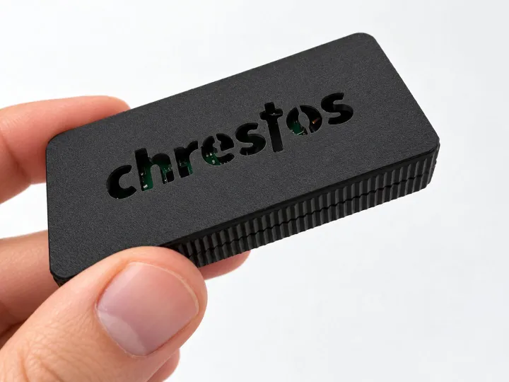 The Chrestos digital signage control unit, a small white box beside a 20p coin for scale