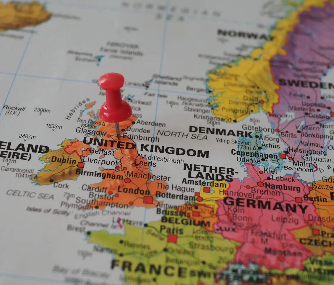 A red pin on a map marking the United Kingdom