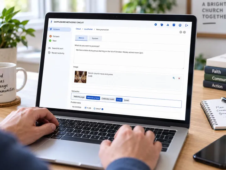 The Loudhailer screen in Chrestos Cloud, writing a post to share on the website, calendar and by email