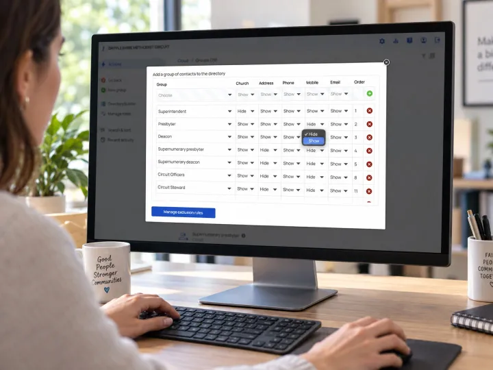 The Database screen for choosing which contact details show for each role in a circuit directory