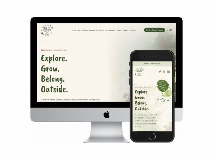 Desktop and mobile screenshots of the Wild Explorers Forest School website
