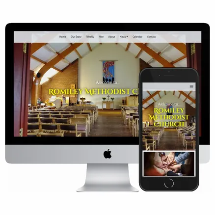 Desktop and mobile screenshots of the Romiley Methodist Church website