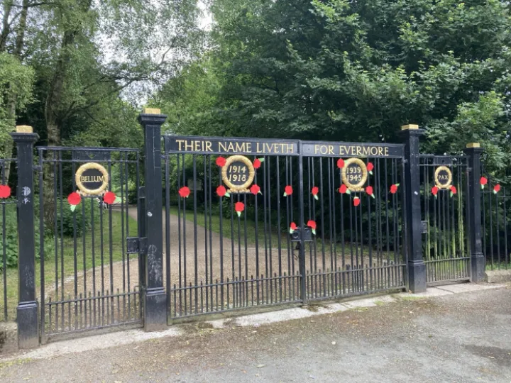Frodsham memorial gates decorated with poppy wreaths