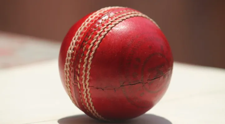 Detailed close-up of a red leather cricket ball showing wear and stitching.