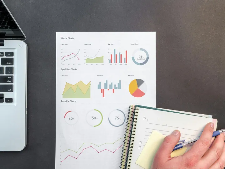 Overhead view of a business desk with charts and a