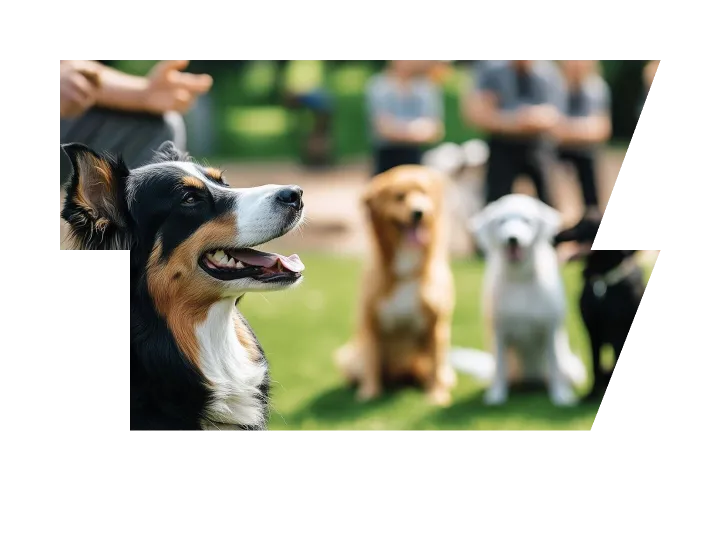 Professional dog trainer teaching obedience commands to a gr