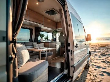 Cozy van interior prepared for camping