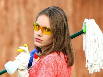 Girl, goggles, mop, cleaning, clean, hygiene, rag,