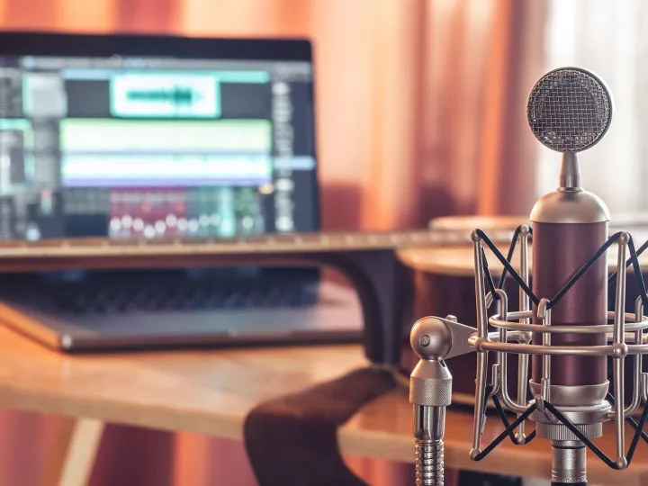 Professional microphone on blurred background sound recordin