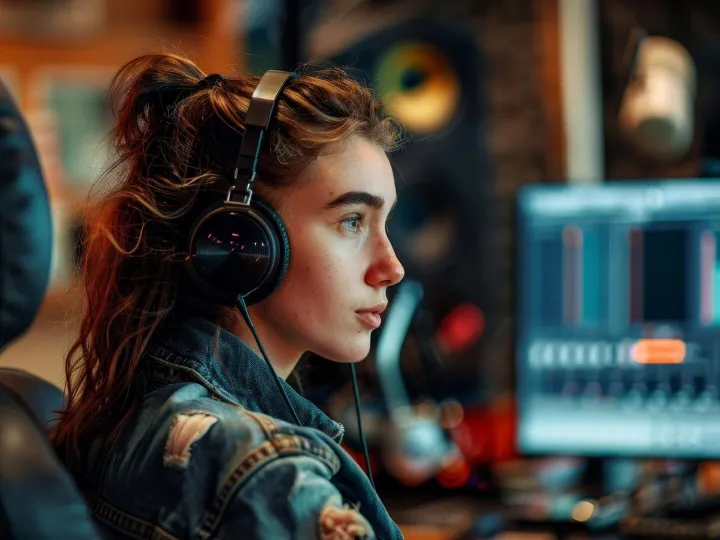 A woman wearing headphones is sitting in front of a computer
