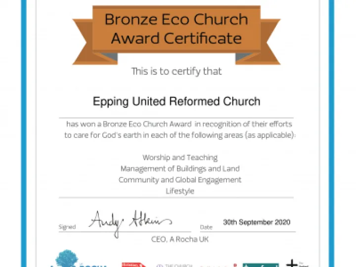 Eco Church Award Certificate Bronze- Epping United Reformed Church