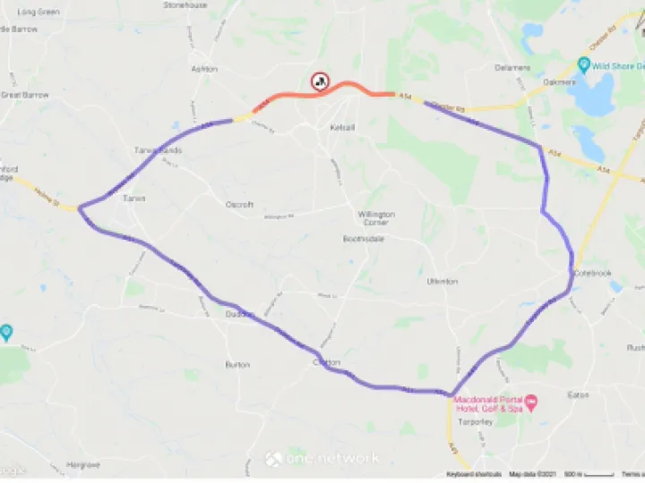 A54 Kelsall Bypass closure 19th Aug 2021